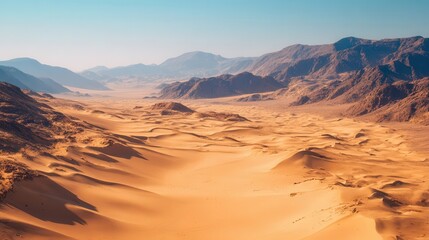 Naklejka premium Expansive desert valley between majestic mountains.