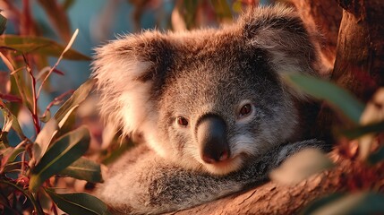 Obraz premium A cuddly koala rests among leaves in a tree