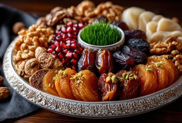 Traditional Middle Eastern Platter with Variety of Nuts, Dried Fruits, Pomegranate Seeds, and Fresh Green Grass for Festive Celebration