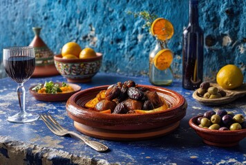 Traditional Moroccan Cuisine with Colorful Table Setting Featuring Tagine, Fresh Fruits, Red Wine and Artisanal Decor against Textured Blue Wall