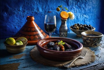 Traditional Moroccan Cuisine with Tagine, Fresh Fruit, and Glass of Red Wine on Blue Textured Background