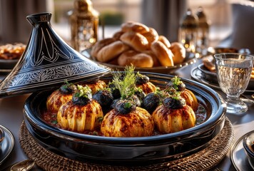 Traditional Moroccan Tagine Dish Served with Delicious Ingredients and Elegant Table Setting, Featuring Beautiful Presentation and Cultural Elements
