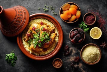 Traditional Moroccan tagine dish with chicken, dried fruits, spices, and fresh herbs served over fluffy couscous on a dark textured background