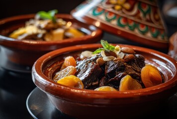 Traditional Moroccan Tagine Dish with Dried Fruits and Nuts Served in Beautiful Earthenware Pot on Dark Table