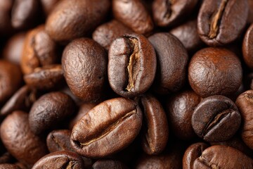 Fototapeta premium Detailed view of roasted coffee beans creating a rich backdrop ideal for coffee related themes or culinary designs