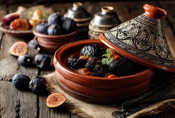 Traditional Moroccan Tagine with Dried Fruits and Fresh Figs on Rustic Wooden Table with Decorative Pottery and Natural Textiles