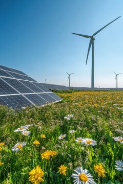 Solar panels and wind turbines in flower field under blue sky low angle view clean energy sustainability