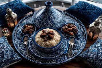 Traditional Moroccan Tagine with Spiced Rice and Dates Surrounded by Exotic Lanterns and Plush Pillows on a Wooden Table