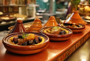 Traditional Moroccan Tagines with Various Ingredients Served in Cozy Restaurant Setting