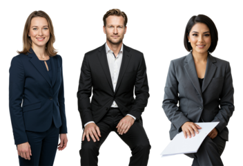 Three Professional Business Associates: Two Women and One Man in Formal Attire Showcasing Modern Workplace Diversity Against transparent background
