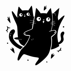 Two Playful Black Cats Dancing Cartoon Illustration