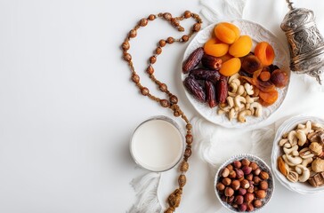 Traditional Ramadan Iftar Table with Dried Fruits, Nuts, Milk, and Prayer Beads Decorated for Celebration and Spiritual Reflection