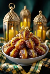 Traditional North African Dates in Decorative Bowl Surrounded by Lanterns and Candles for Festive Celebrations and Cultural Events