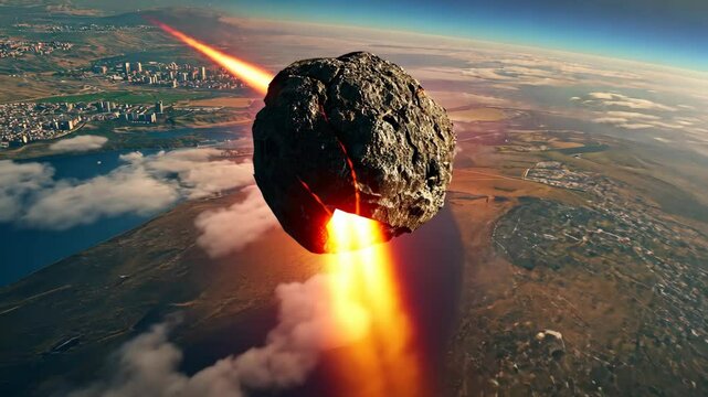 A massive, fiery asteroid hurtles toward Earth, glowing with intense heat nears impact. The dramatic scene captures the power of cosmic events, evoking themes of destruction, danger, catastrophe.
