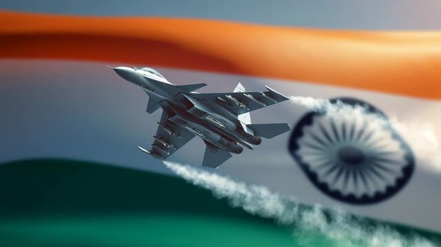 India Pakistan war, Indian Air Force Fighter Jet Soaring Against Indian National Flag Indian military aviation strength & national pride with a fighter jet in flight , Indian independence republic day