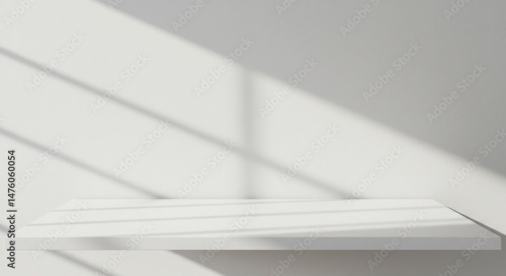 Poster minimalist white shelf with shadows, perfect for product display and presentations