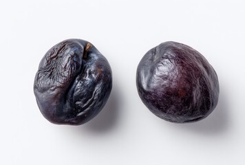 Two Fresh Plums Isolated on a Light Background Showcasing Their Unique Texture and Color for Culinary and Nutritional Use in Marketing and Recipe Development