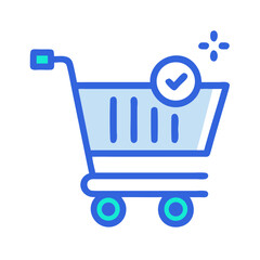 Blue shopping cart icon with checkmark on black background