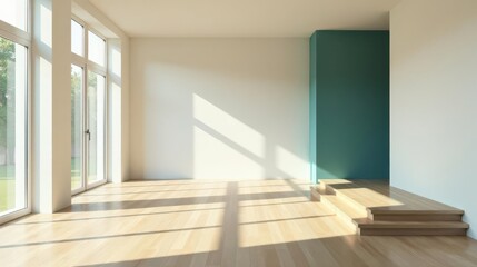 Fototapeta premium Sunlight streams into a spacious, empty room with light hardwood floors and a teal accent wall, showcasing a minimalist, modern aesthetic with a simple wooden staircase detail.