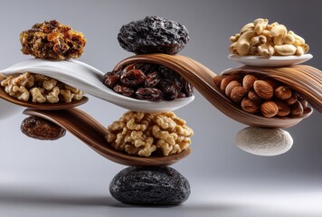 Unique Display of Assorted Nuts and Dried Fruits on Modern Sculptural Plates with Artistic Balance and Curved Wooden Stands