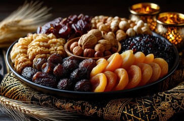 Variety of Dried Fruits and Nuts Displayed Elegantly on a Round Black Plate Surrounded by Beautiful Lanterns and Decorative Textiles