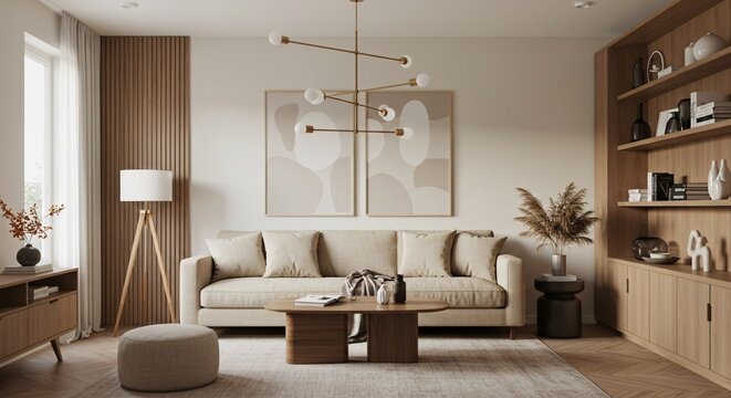 Fototapeta Modern Living Room Interior Design with Brown Leather Chair, Beige Sofa and Wooden Wall Panels