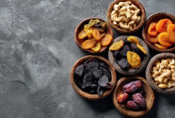 Variety of Dried Fruits and Nuts in Decorative Bowls on Textured Surface with Dark Tones, Perfect for Healthy Snack or Culinary Inspiration