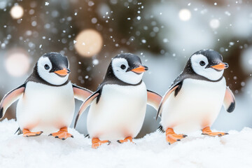 Fototapeta premium Three adorable penguins stand together in the snow with a blurred, wintry background and soft bokeh lights.