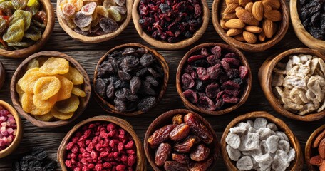 Variety of Dried Fruits and Nuts in Wooden Bowls Displayed on Rustic Tabletop for Healthy Snack and Culinary Inspiration
