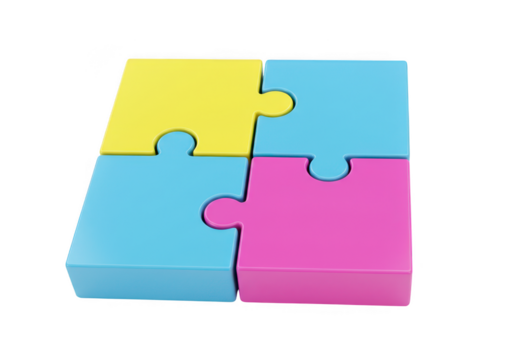 A completed jigsaw puzzle with four pieces in yellow blue and pink isolated on transparent background