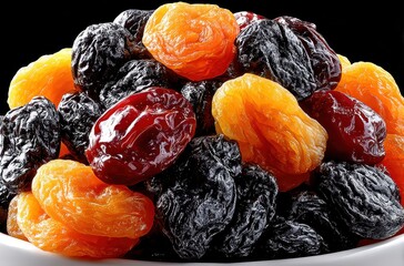 Variety of Dried Fruits Including Apricots, Raisins, and Plums Arranged Aesthetically on a Plate against a Black Background