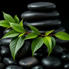 Elegant Display of Stacked Stones and Bright Leaves for a Zen Aesthetic