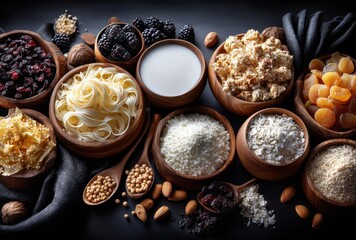 Variety of Dried Fruits, Nuts, Spices, and Grains in Wooden Bowls on Dark Background for Healthy Cooking and Natural Ingredients Ideas