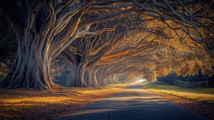 Scenic pathway lined with towering trees in autumnal light.