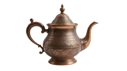 Vintage Albanian Copper Coffee Pot with Engraved Traditional Motifs Isolated on White Studio Background
