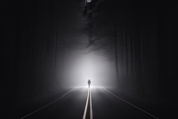 Lone figure walks a dark road into bright light, shrouded by trees and fog