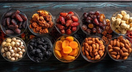 Variety of Nuts and Dried Fruits in Glass Bowls on Rustic Wooden Table with Natural Light and Rich Textures