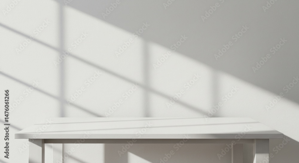 Poster minimalist white table with window shadow for product presentation or display.