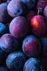 Vibrant and Fresh Plums in Various Shades of Purple and Red, Displaying Natural Textures and Juicy Surface Ideal for Healthy Lifestyle and Culinary Use