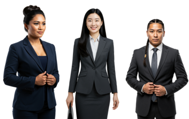 Diverse Business Professionals in Formal Attire: A Group Portrait of Three Young Adults Representing Varying Ethnicities in Business Suits Against a transparent background