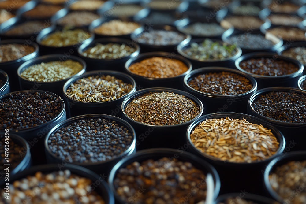 Poster a vibrant display of assorted seeds in black containers, showcasing diversity in textures and colors