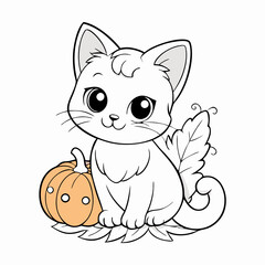 Adorable White Kitten with Pumpkin, Fall Coloring Page