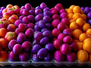Vibrant Arrangement of Fresh Fruits Displaying a Colorful Assortment of Plums, Apricots, and Peaches with Dew Drops on Each Fruit's Surface