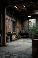 Rustic Warehouse Interior:  Industrial Mood, Brick Walls, and Aged Barrels