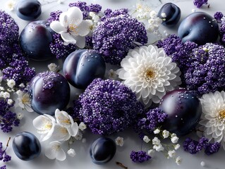 Vibrant Arrangement of Plums, White and Purple Flowers on Marble Surface, Capturing the Essence of Seasonal Freshness and Natural Beauty in a Stylish Composition