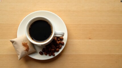 Aromatic Coffee Cup and Roasted Beans Resting on a Light Wood Surface