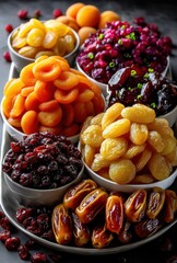Vibrant Array of Dried Fruits in Bowls Showcasing Colors and Textures Ideal for Healthy Snacking or Culinary Inspiration in a Culinary Art Setting