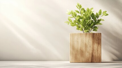 A small green leafy plant in a square wooden pot sits on a white surface against a bright neutral wall.