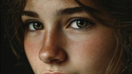 Close-up Portrait: Freckled Face, Green Eyes, Soft Light