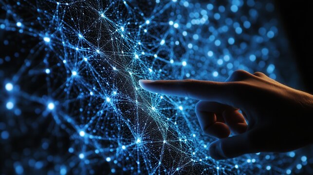 Digital Network Connection  Hand Touching Glowing Data Points - Powered by Adobe